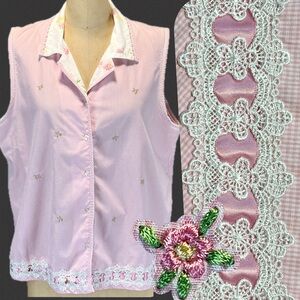Strawberry cream pink gingham cottage rose top sleeveless button down sleepwear